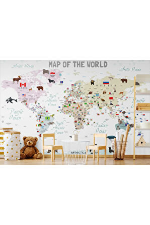 Oxyteez   Dünya Haritası Çocuk Ve Bebek Odası Hayvanlar Alemi Duvar Kağıdı-3813 3813