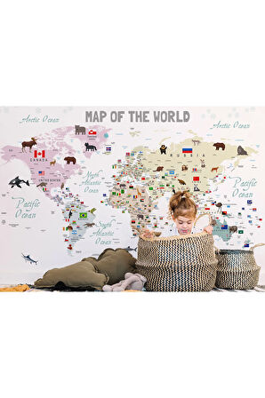Oxyteez   Dünya Haritası Çocuk Ve Bebek Odası Hayvanlar Alemi Duvar Kağıdı-3813 3813