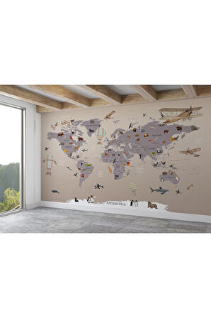 Oxyteez   Dünya Haritası Çocuk Ve Bebek Odası Hayvanlar Alemi Duvar Kağıdı-3814 3814