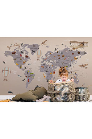 Oxyteez   Dünya Haritası Çocuk Ve Bebek Odası Hayvanlar Alemi Duvar Kağıdı-3814 3814