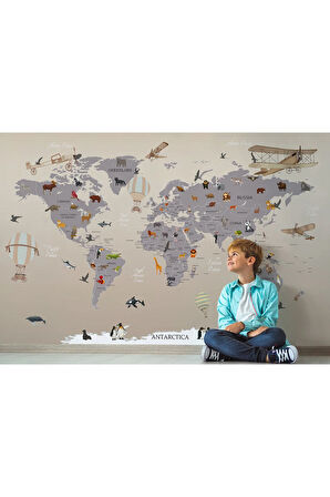Oxyteez   Dünya Haritası Çocuk Ve Bebek Odası Hayvanlar Alemi Duvar Kağıdı-3814 3814