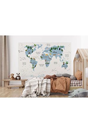 Oxyteez   Dünya Haritası Çocuk Ve Bebek Odası Hayvanlar Alemi Duvar Kağıdı-3815 3815