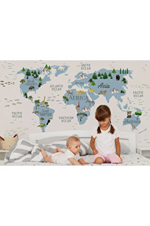 Oxyteez   Dünya Haritası Çocuk Ve Bebek Odası Hayvanlar Alemi Duvar Kağıdı-3815 3815