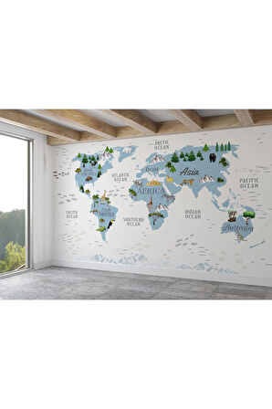 Oxyteez   Dünya Haritası Çocuk Ve Bebek Odası Hayvanlar Alemi Duvar Kağıdı-3815 3815