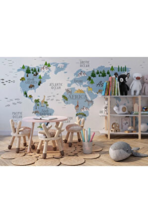 Oxyteez   Dünya Haritası Çocuk Ve Bebek Odası Hayvanlar Alemi Duvar Kağıdı-3815 3815