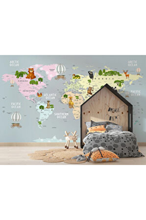 Oxyteez   Dünya Haritası Çocuk Ve Bebek Odası Hayvanlar Alemi Duvar Kağıdı-3816 3816