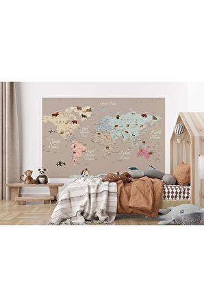 Oxyteez   Dünya Haritası Çocuk Ve Bebek Odası Hayvanlar Alemi Duvar Kağıdı-3817 3817