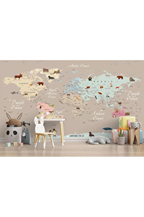Oxyteez   Dünya Haritası Çocuk Ve Bebek Odası Hayvanlar Alemi Duvar Kağıdı-3817 3817