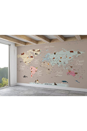 Oxyteez   Dünya Haritası Çocuk Ve Bebek Odası Hayvanlar Alemi Duvar Kağıdı-3817 3817