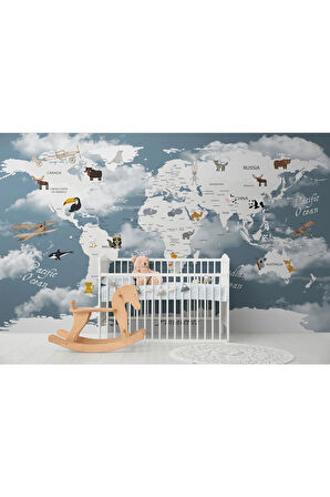 Oxyteez   Dünya Haritası Çocuk Ve Bebek Odası Hayvanlar Alemi Duvar Kağıdı-3818 3818
