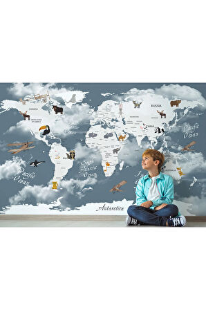 Oxyteez   Dünya Haritası Çocuk Ve Bebek Odası Hayvanlar Alemi Duvar Kağıdı-3818 3818