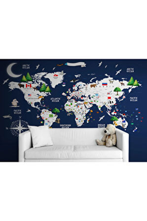 Oxyteez   Dünya Haritası Çocuk Ve Bebek Odası Hayvanlar Alemi Duvar Kağıdı-3819 3819
