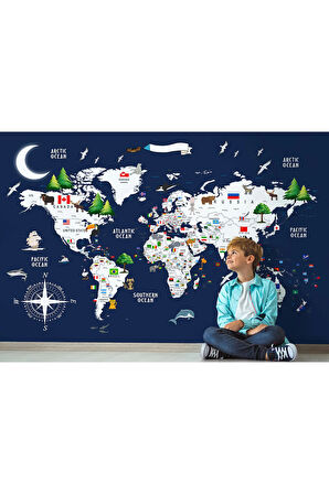 Oxyteez   Dünya Haritası Çocuk Ve Bebek Odası Hayvanlar Alemi Duvar Kağıdı-3819 3819