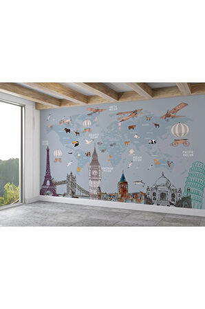 Oxyteez   Dünya Haritası Çocuk Ve Bebek Odası Hayvanlar Alemi Duvar Kağıdı-3820 3820