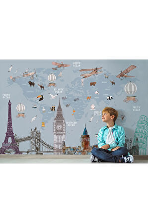 Oxyteez   Dünya Haritası Çocuk Ve Bebek Odası Hayvanlar Alemi Duvar Kağıdı-3820 3820