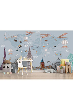 Oxyteez   Dünya Haritası Çocuk Ve Bebek Odası Hayvanlar Alemi Duvar Kağıdı-3820 3820