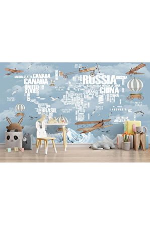 Oxyteez   Dünya Haritası Çocuk Ve Bebek Odası Hayvanlar Alemi Duvar Kağıdı-3822 3822