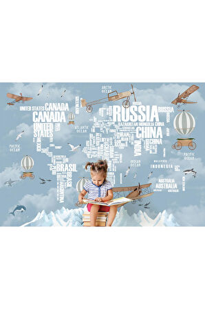 Oxyteez   Dünya Haritası Çocuk Ve Bebek Odası Hayvanlar Alemi Duvar Kağıdı-3822 3822