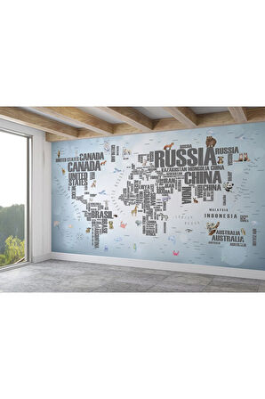 Oxyteez   Dünya Haritası Çocuk Ve Bebek Odası Hayvanlar Alemi Duvar Kağıdı-3823 3823
