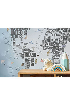 Oxyteez   Dünya Haritası Çocuk Ve Bebek Odası Hayvanlar Alemi Duvar Kağıdı-3823 3823