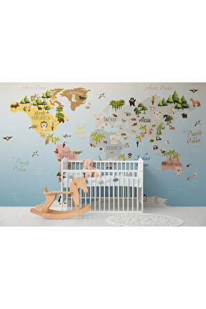 Oxyteez   Dünya Haritası Çocuk Ve Bebek Odası Hayvanlar Alemi Duvar Kağıdı-3824 3824