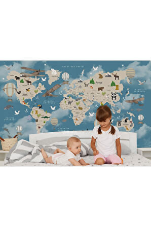 Oxyteez   Dünya Haritası Çocuk Ve Bebek Odası Hayvanlar Alemi Duvar Kağıdı-3827 3827