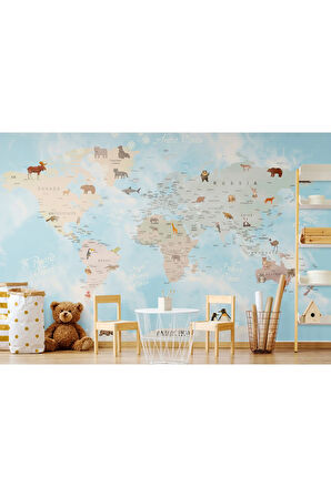 Oxyteez   Dünya Haritası Çocuk Ve Bebek Odası Hayvanlar Alemi Duvar Kağıdı-3828 3828