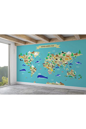 Oxyteez   Çocuk ve Bebek Odası Dünya Haritası Duvar Kağıdı Hayvanlar Alemi Eğitici ve Öğretici -3829 3829