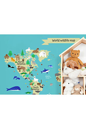 Oxyteez   Çocuk ve Bebek Odası Dünya Haritası Duvar Kağıdı Hayvanlar Alemi Eğitici ve Öğretici -3829 3829