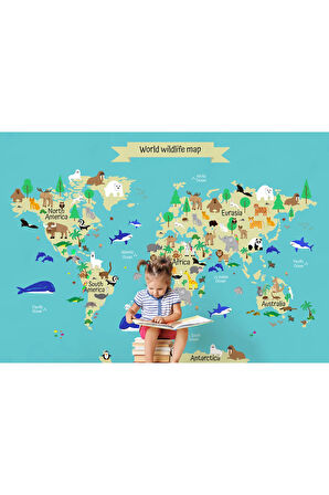 Oxyteez   Çocuk ve Bebek Odası Dünya Haritası Duvar Kağıdı Hayvanlar Alemi Eğitici ve Öğretici -3829 3829