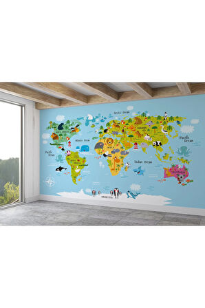 Oxyteez   Dünya Haritası Çocuk Ve Bebek Odası Hayvanlar Alemi Duvar Kağıdı-3830 3830