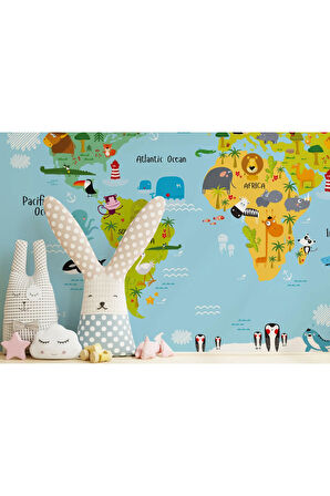 Oxyteez   Dünya Haritası Çocuk Ve Bebek Odası Hayvanlar Alemi Duvar Kağıdı-3830 3830