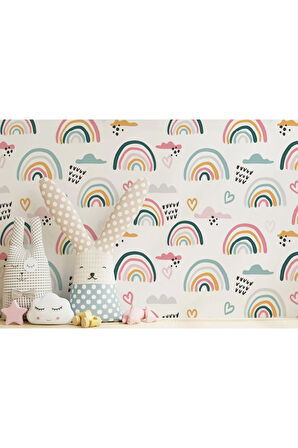 Oxyteez   Suluboya Desenli Gökkuşağı ve Bulutlar İskandinav Tarzı Duvar Kağıdı-5526 5526