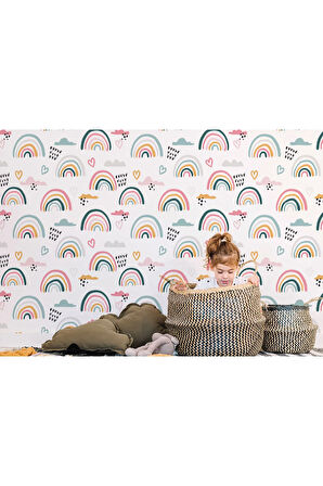 Oxyteez   Suluboya Desenli Gökkuşağı ve Bulutlar İskandinav Tarzı Duvar Kağıdı-5526 5526