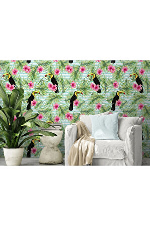 Oxyteez   Tropikal Papağanlar Çiçekli Ağaç Yaprakları Duvar Kağıdı-5560 5560