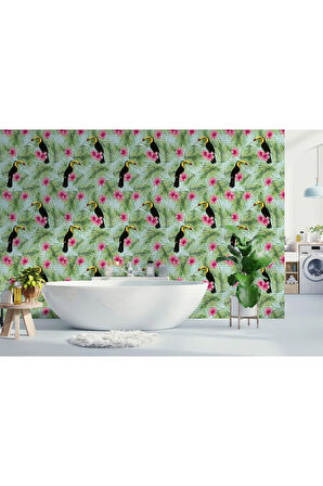 Oxyteez   Tropikal Papağanlar Çiçekli Ağaç Yaprakları Duvar Kağıdı-5560 5560