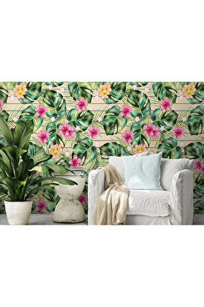 Oxyteez   Tropikal Çiçekli Ağaç Yaprakları Duvar Kağıdı-5566 5566