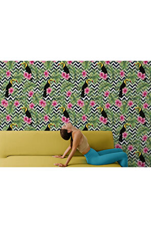 Oxyteez   Tropikal Papağanlar Çiçekli Ağaç Yaprakları Duvar Kağıdı-5569 5569