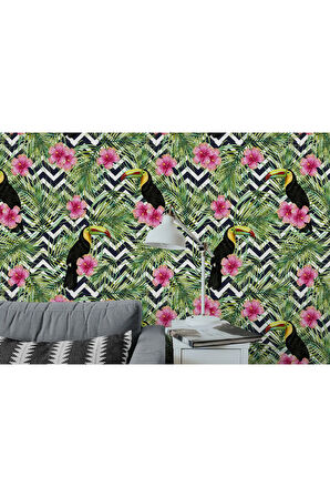 Oxyteez   Tropikal Papağanlar Çiçekli Ağaç Yaprakları Duvar Kağıdı-5569 5569