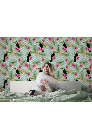 Oxyteez   Tropikal Papağanlar Çiçekli Ağaç Yaprakları Duvar Kağıdı-5570 5570