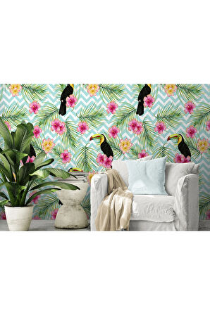 Oxyteez   Tropikal Papağanlar Çiçekli Ağaç Yaprakları Duvar Kağıdı-5570 5570