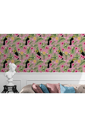 Oxyteez   Tropikal Papağanlar Çiçekli Ağaç Yaprakları Duvar Kağıdı-5573 5573