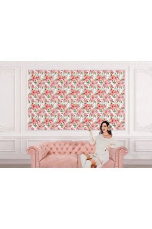 Oxyteez   Pembe Çiçek ve Yaprak Desenli Duvar Kağıdı-5587 5587