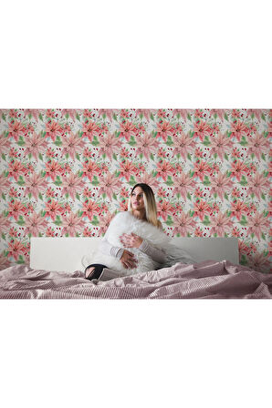 Oxyteez   Pembe Çiçek ve Yaprak Desenli Duvar Kağıdı-5587 5587