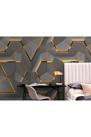 Oxyteez   3D Görünümlü Altın Detaylı Geometrik Desen Duvar Kağıdı-5608 5608