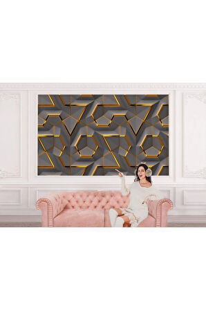 Oxyteez   3D Görünümlü Altın Detaylı Geometrik Desen Duvar Kağıdı-5608 5608