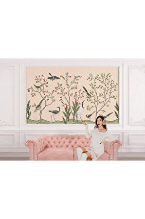 Oxyteez   Kuşburnu Ağacı ve Kuşlar Desenli Dekoratif Duvar Kağıdı-5619 5619