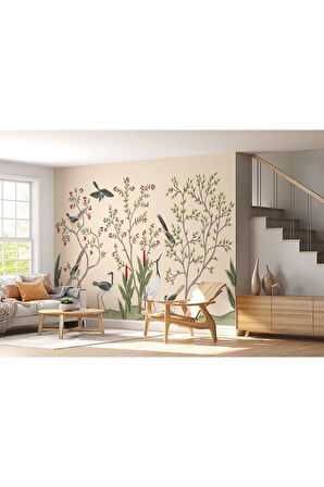 Oxyteez   Kuşburnu Ağacı ve Kuşlar Desenli Dekoratif Duvar Kağıdı-5619 5619
