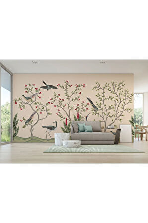 Oxyteez   Kuşburnu Ağacı ve Kuşlar Desenli Dekoratif Duvar Kağıdı-5619 5619