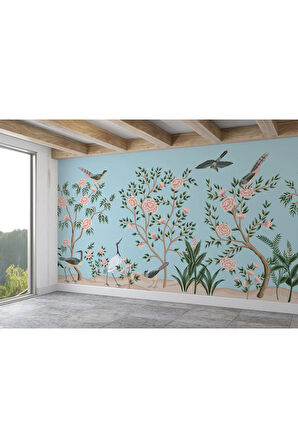 Oxyteez   Pembe Çiçekli Ağaç ve Kuşlar Duvar Kağıdı-5620 5620